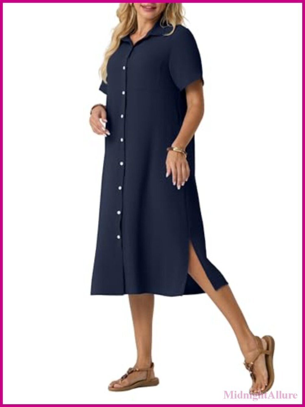 Button Down Shirt Dress Short Sleeve Midi Loose Fit with Pockets